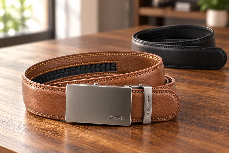 Brown Railtek ratchet belt with a gunmetal buckle beside a black strap