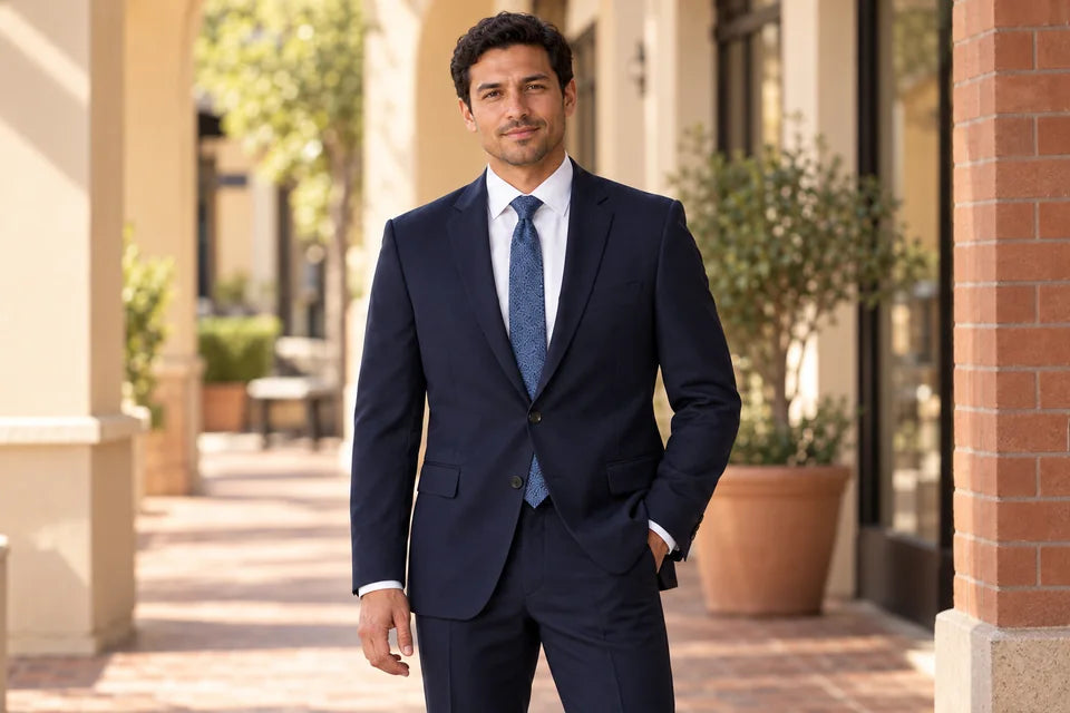 A man wearing a fitted navy two-piece suit