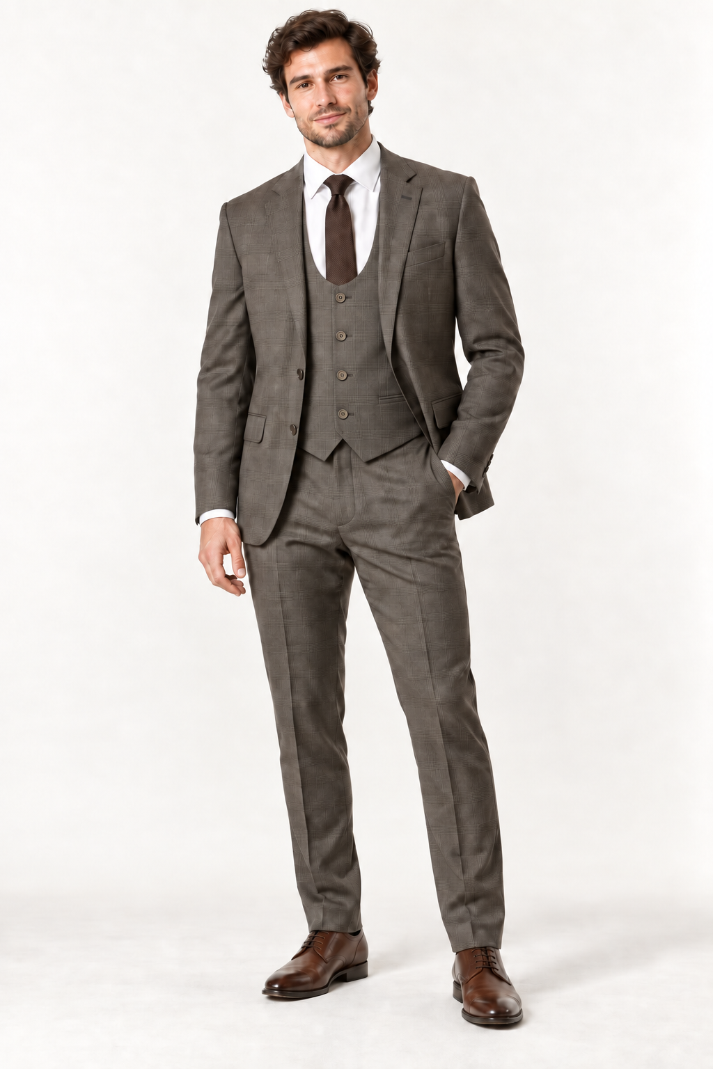 A man modeling a taupe plaid 3-piece suit