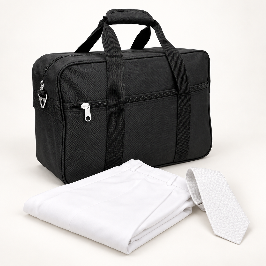 Black temple and baptismal bag with folded white pants and a white patterned tie