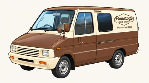 Illustration of Deliboy, Pomeroy’s cream-and-brown van with the planned store lettering