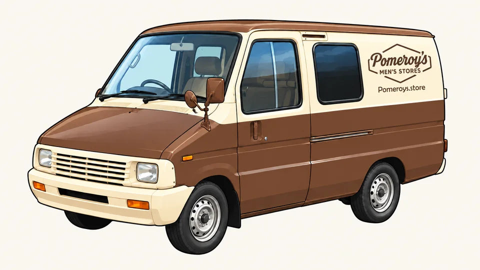 Illustration of Deliboy, Pomeroy’s cream-and-brown van with the planned store lettering