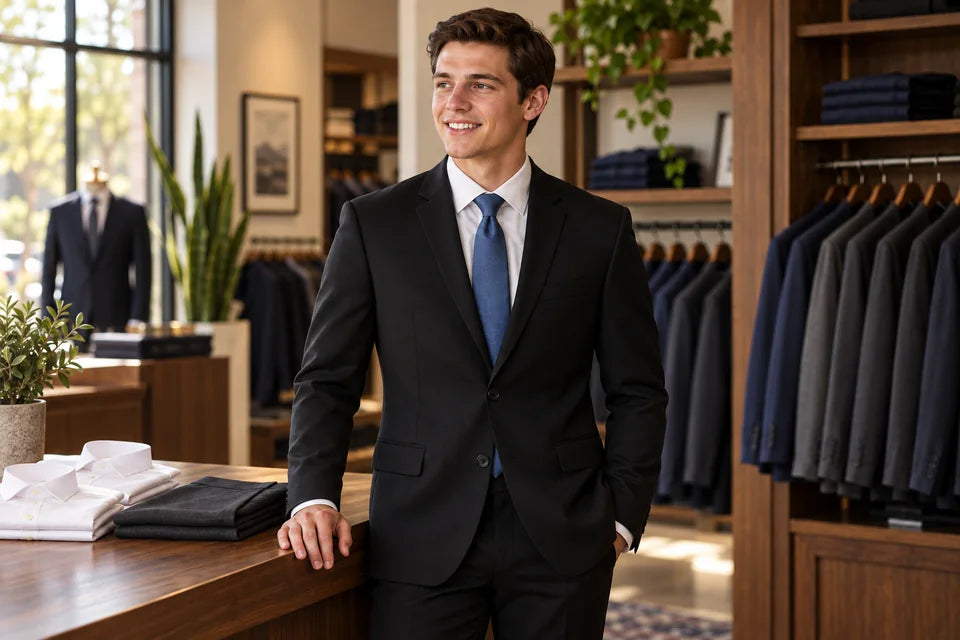 A young adult in a black suit beside folded shirts and trousers